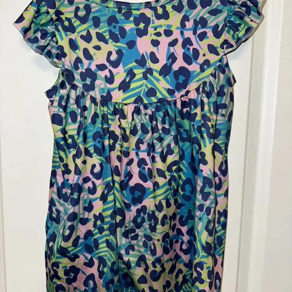 Girls Pink and Blue Leopard Print Tropical Flutter Sleeve Dress 5-6T